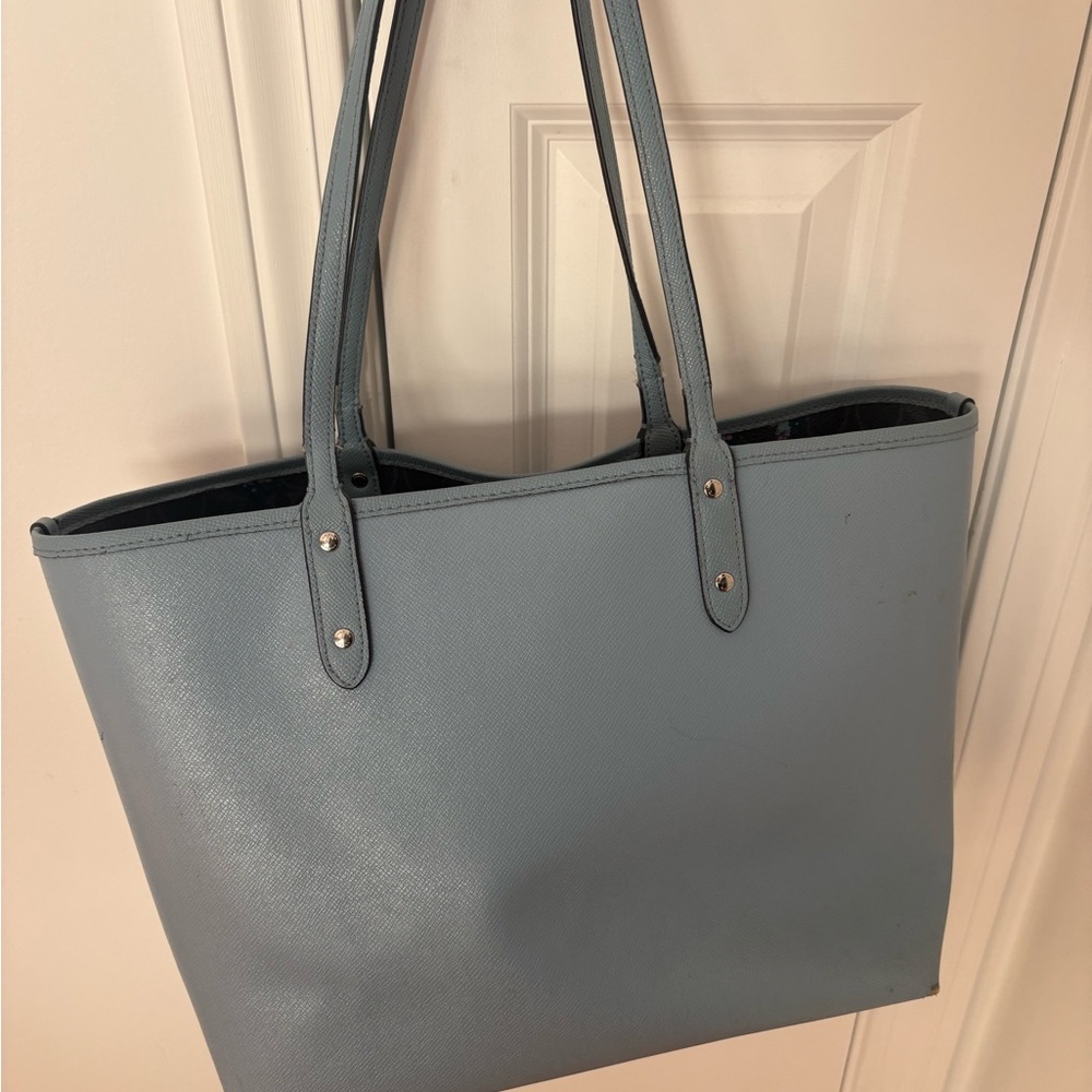 Coach Slate Blue & Floral Leather Tote - Picture 3 of 9